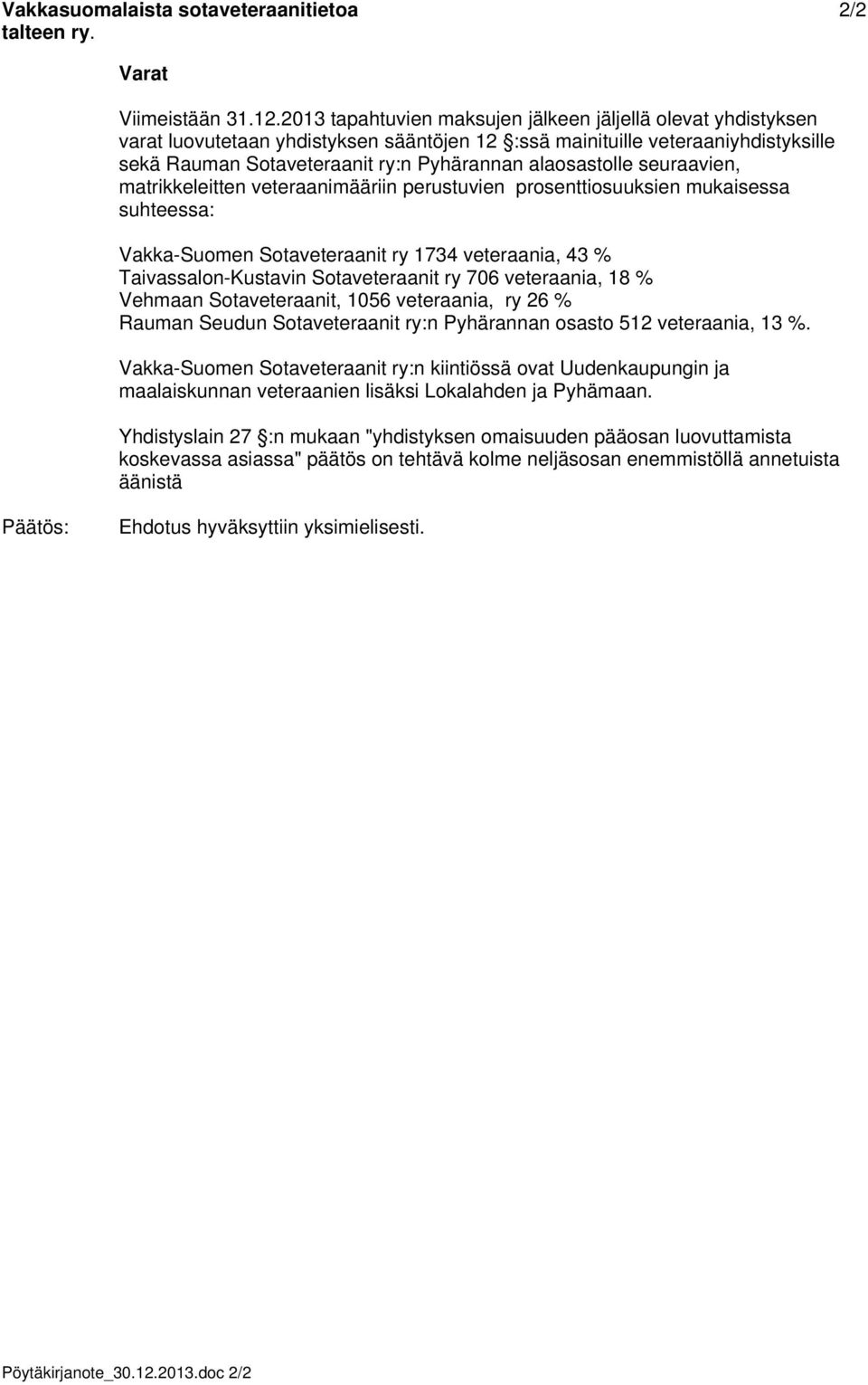 alaosastolle seuraavien, matrikkeleitten veteraanimääriin perustuvien prosenttiosuuksien mukaisessa suhteessa: Vakka-Suomen Sotaveteraanit ry 1734 veteraania, 43 % Taivassalon-Kustavin Sotaveteraanit