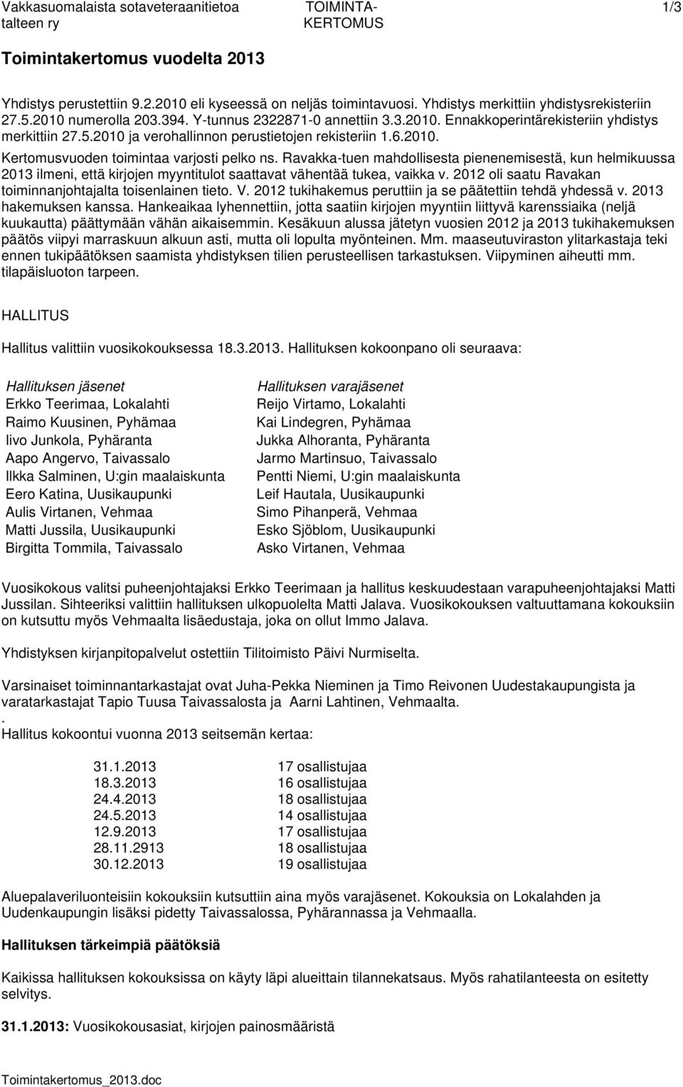 6.2010. Kertomusvuoden toimintaa varjosti pelko ns. Ravakka-tuen mahdollisesta pienenemisestä, kun helmikuussa 2013 ilmeni, että kirjojen myyntitulot saattavat vähentää tukea, vaikka v.