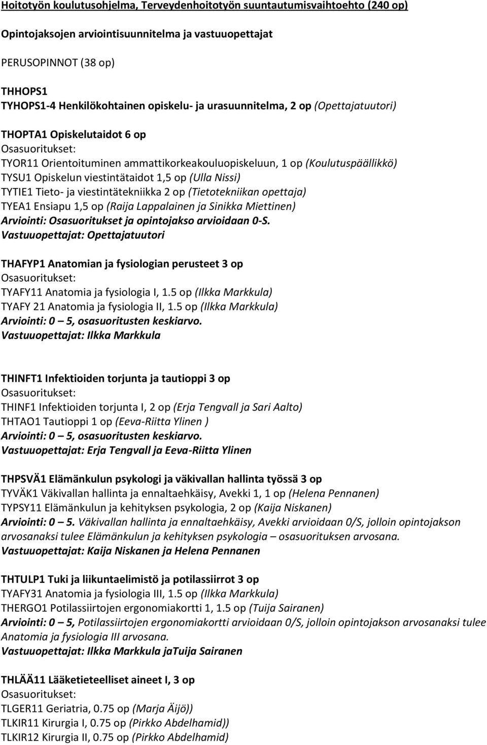 TYTIE1 Tieto- ja viestintätekniikka 2 op (Tietotekniikan opettaja) TYEA1 Ensiapu 1,5 op (Raija Lappalainen ja Sinikka Miettinen) Arviointi: Osasuoritukset ja opintojakso arvioidaan 0-S.