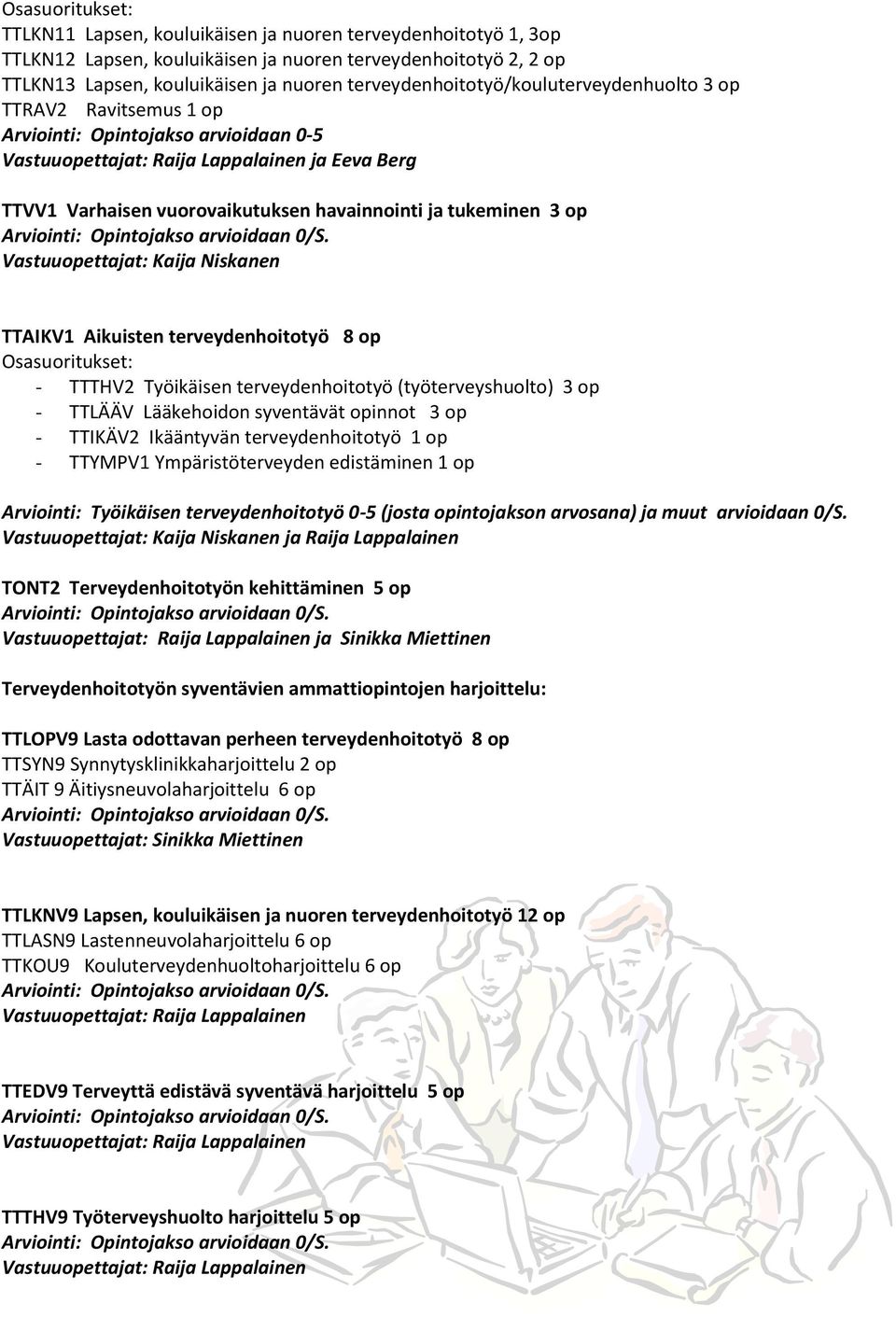 ja tukeminen 3 op Vastuuopettajat: Kaija Niskanen TTAIKV1 Aikuisten terveydenhoitotyö 8 op - TTTHV2 Työikäisen terveydenhoitotyö (työterveyshuolto) 3 op - TTLÄÄV Lääkehoidon syventävät opinnot 3 op -