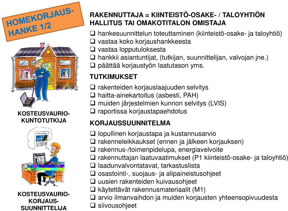 TUTKIMUKSET rakenteiden korjauslaajuuden selvitys haitta-ainekartoitus (asbesti, PAH) muiden järjestelmien kunnon selvitys (LVIS) raportissa korjaustapaehdotus KORJAUSSUUNNITELMA lopullinen