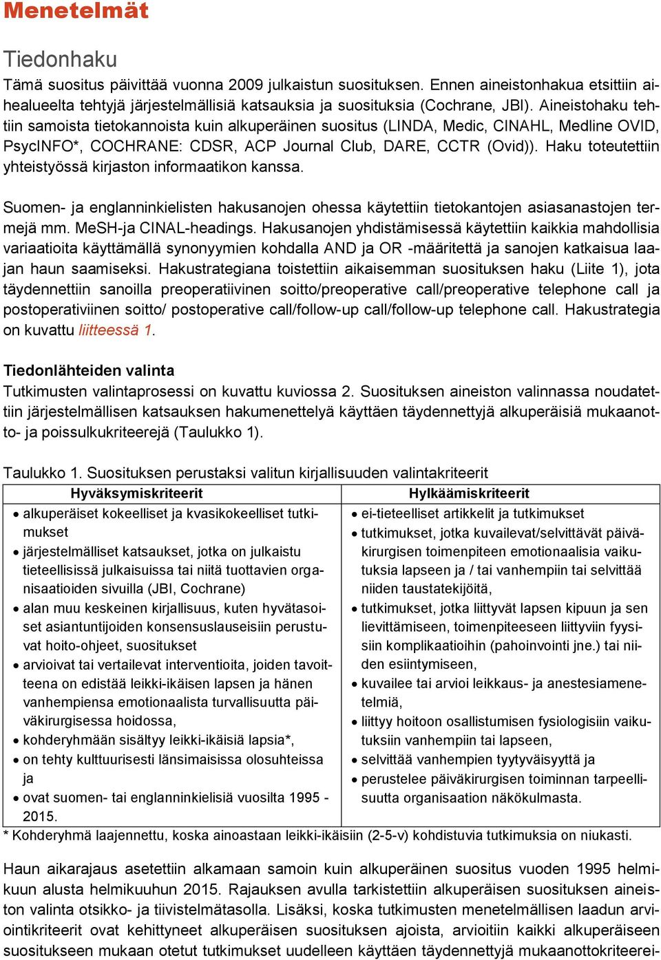 Haku toteutettiin yhteistyössä kirjaston informaatikon kanssa. Suomen- ja englanninkielisten hakusanojen ohessa käytettiin tietokantojen asiasanastojen termejä mm. MeSH-ja CINAL-headings.