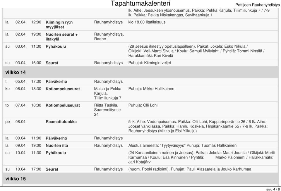 Paikat: Jokela: Esko Nikula / Olkijoki: Veli-Martti Sivula / Koulu: Samuli Myllylahti / Pyhtilä: Tommi Nissilä / Harakkamäki: Kari Kivelä su 03.04.