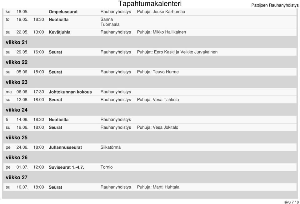 06. 18:00 Seurat Puhuja: Vesa Tahkola viikko 24 ti 14.06. 18:30 Nuotioilta su 19.06. 18:00 Seurat Puhuja: Vesa Jokitalo viikko 25 pe 24.06. 18:00 Juhannusseurat Siikatörmä viikko 26 pe 01.