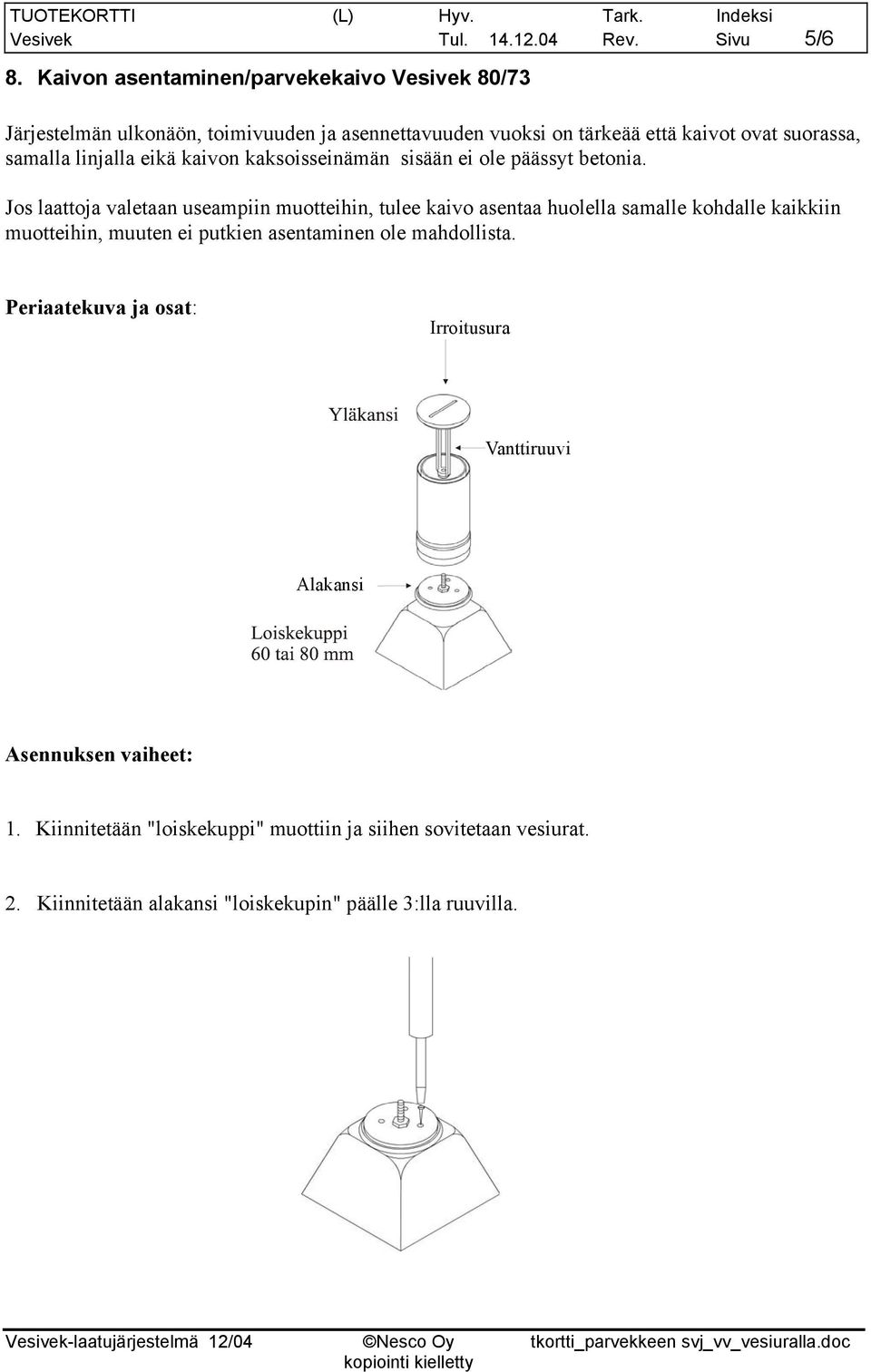 linjalla eikä kaivon kaksoisseinämän sisään ei ole päässyt betonia.