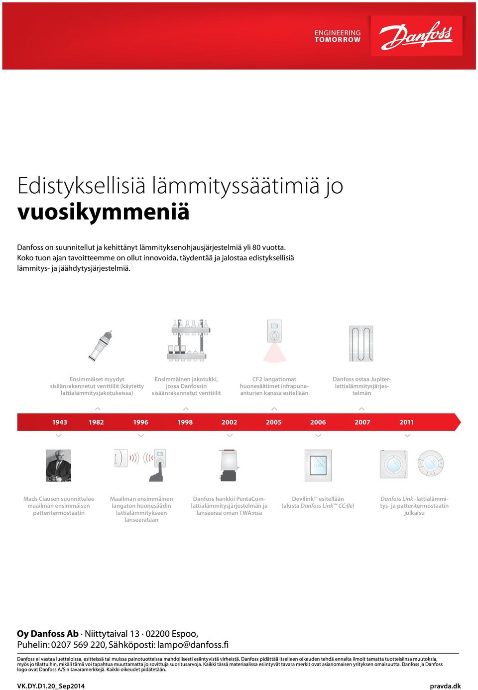 Ensimmäiset myydyt sisäänrakennetut venttiilit (käytetty lattialämmitysjakotukeissa) Ensimmäinen jakotukki, jossa Danfossin sisäänrakennetut venttiilit CF2 langattomat huonesäätimet infrapunaanturien