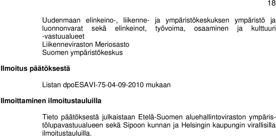 Listan dpoesavi-75-04-09-2010 mukaan Ilmoittaminen ilmoitustauluilla Tieto päätöksestä julkaistaan Etelä-Suomen