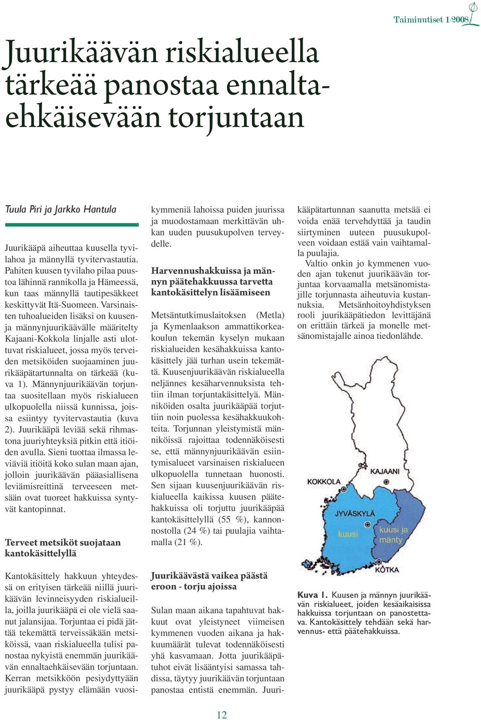 Varsinaisten tuhoalueiden lisäksi on kuusenja männynjuurikäävälle määritelty Kajaani-Kokkola linjalle asti ulottuvat riskialueet, jossa myös terveiden metsiköiden suojaaminen juurikääpätartunnalta on