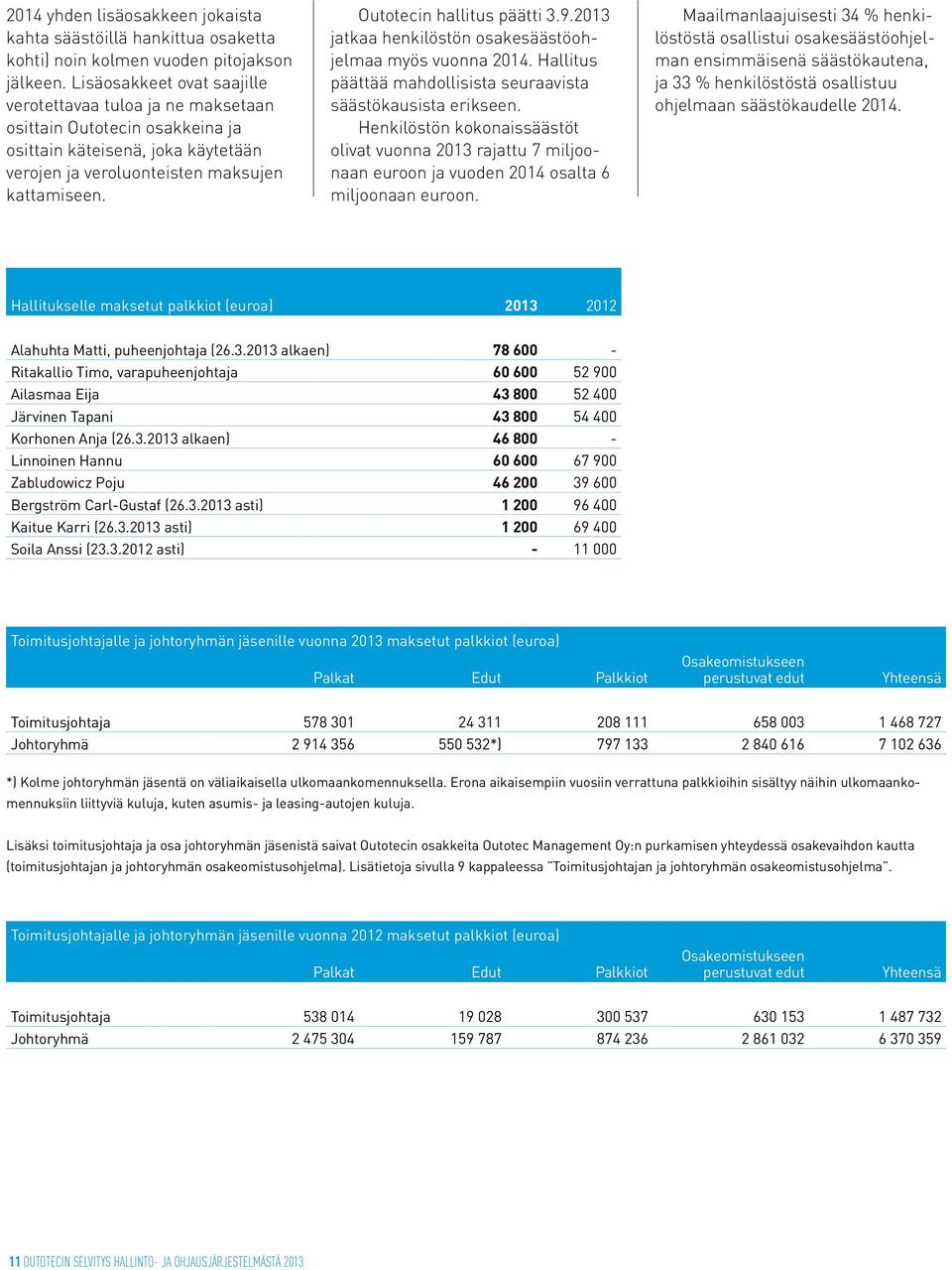 Outotecin hallitus päätti 3.9.2013 jatkaa henkilöstön osakesäästöohjelmaa myös vuonna 2014. Hallitus päättää mahdollisista seuraavista säästökausista erikseen.