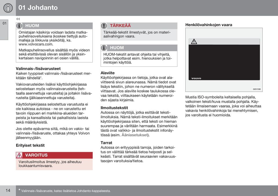 HUOM HUOM-tekstit antavat ohjeita tai vihjeitä, jotka helpottavat esim. hienouksien ja toimintojen käyttöä. Valinnais-/lisävarusteet Kaiken tyyppiset valinnais-/lisävarusteet merkitään tähdellä*.