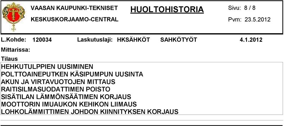 2012 HEHKUTULPPIEN UUSIMINEN POLTTOAINEPUTKEN KÄSIPUMPUN UUSINTA AKUN JA