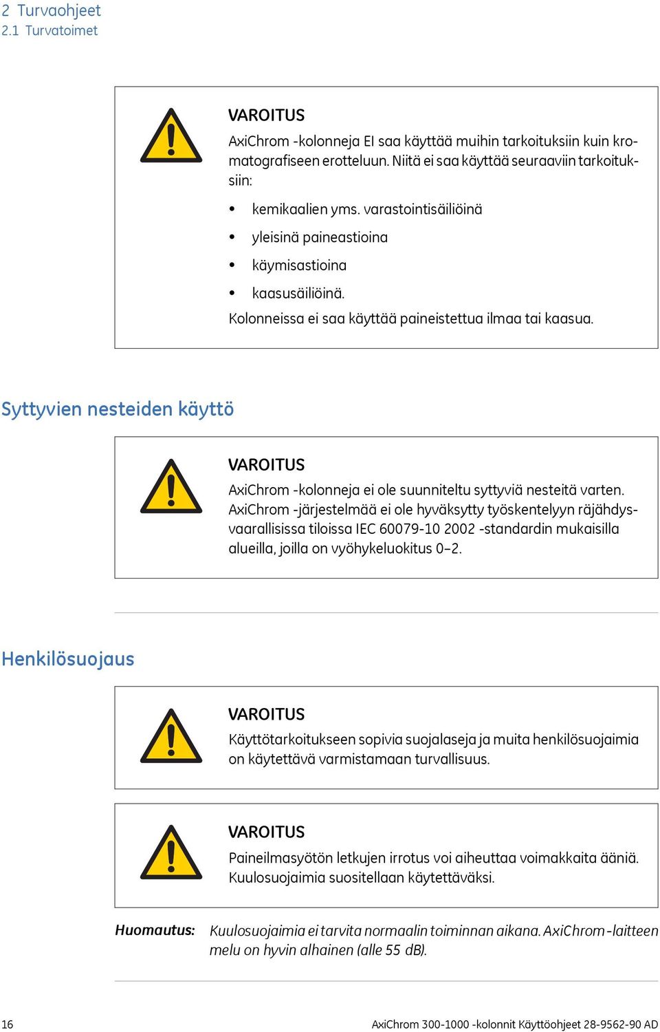 Syttyvien nesteiden käyttö VAROITUS AxiChrom -kolonneja ei ole suunniteltu syttyviä nesteitä varten.