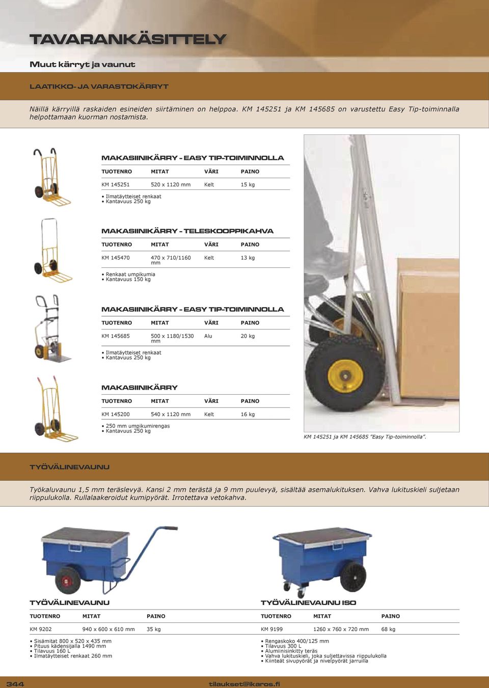 MAKASIINIKÄRRY - EASY TIP-TOIMINNOLLA KM 145251 520 x 1120 mm Kelt 15 kg Ilmatäytteiset renkaat Kantavuus 250 kg MAKASIINIKÄRRY - TELESKOOPPIKAHVA KM 145470 470 x 710/1160 mm Renkaat umpikumia