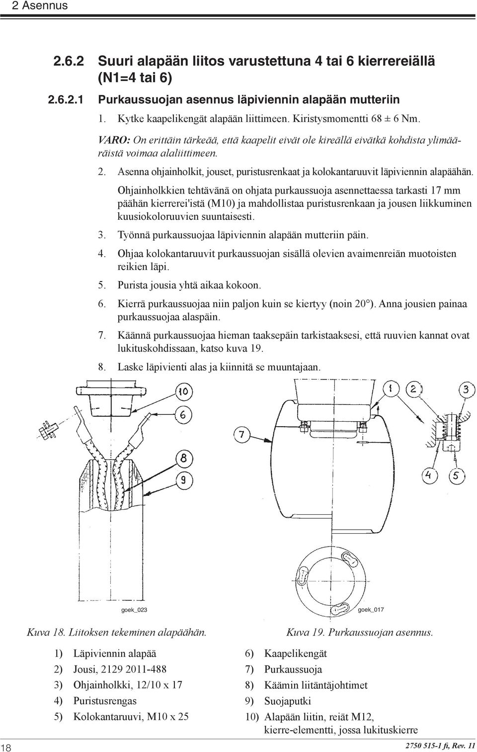 Asenna ohjainholkit, jouset, puristusrenkaat ja kolokantaruuvit läpiviennin alapäähän.