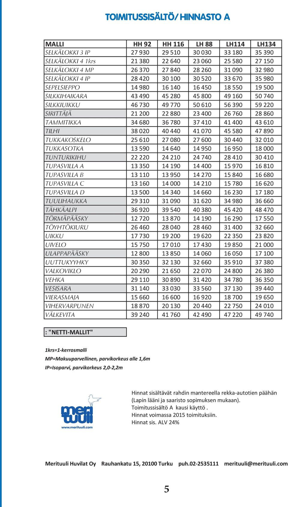 610 56 390 59 220 SIRITTÄJÄ 21 200 22 880 23 400 26 760 28 860 TAMMITIKKA 34 680 36 780 37 410 41 400 43 610 TILHI 38 020 40 440 41 070 45 580 47 890 TUKKAKOSKELO 25 610 27 080 27 600 30 440 32 010