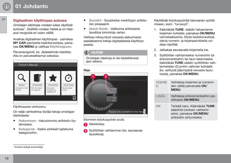 Suosikit - Suosikeiksi merkittyjen artikkelien pikasaanti. Quick Guide - Valikoima artikkeleita tavallisia toimintoja varten.