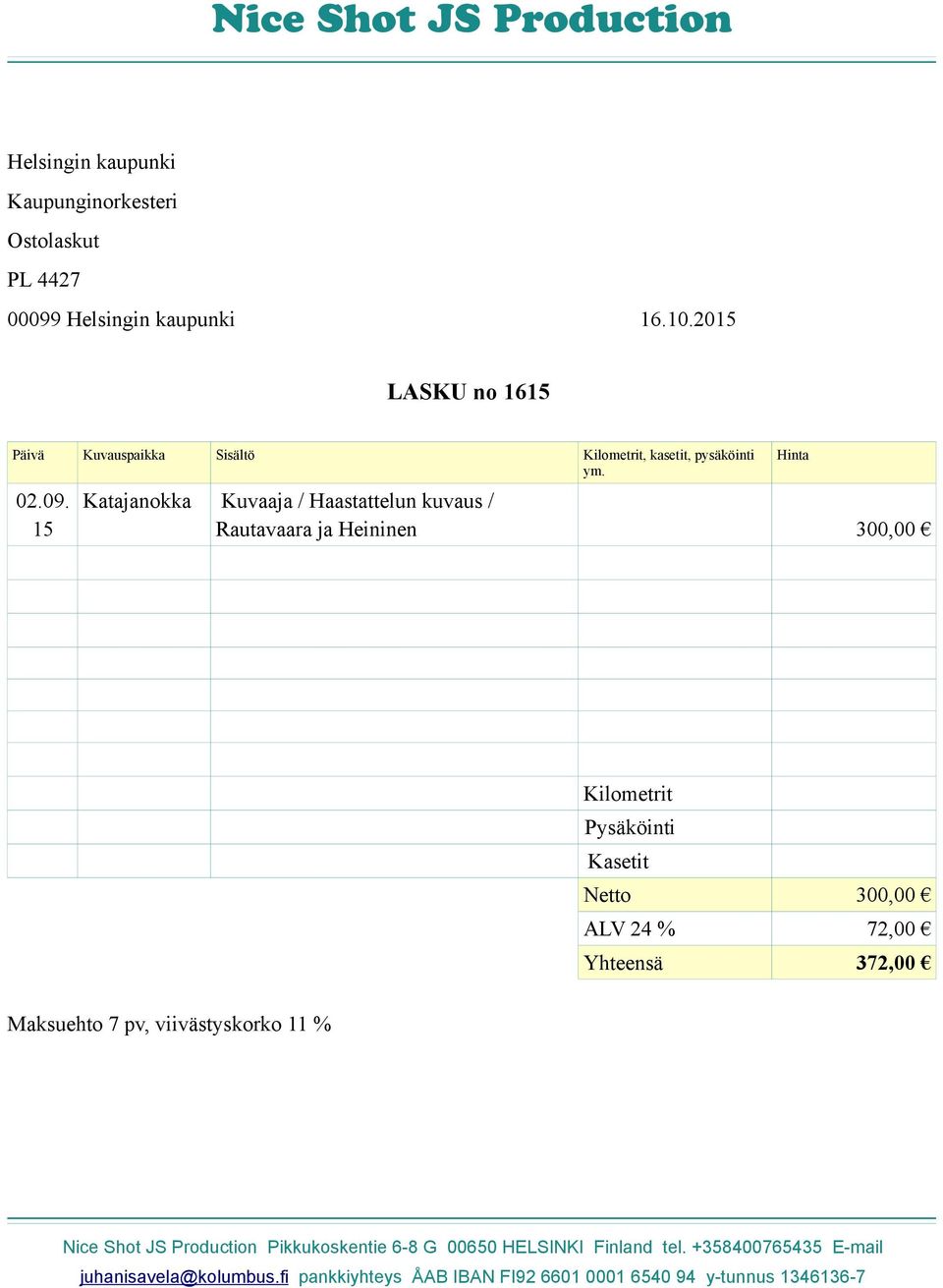 15 Katajanokka Kuvaaja / Haastattelun kuvaus / Rautavaara ja Heininen 300,00 Hinta Kilometrit Pysäköinti Kasetit Netto 300,00 ALV 24 % 72,00