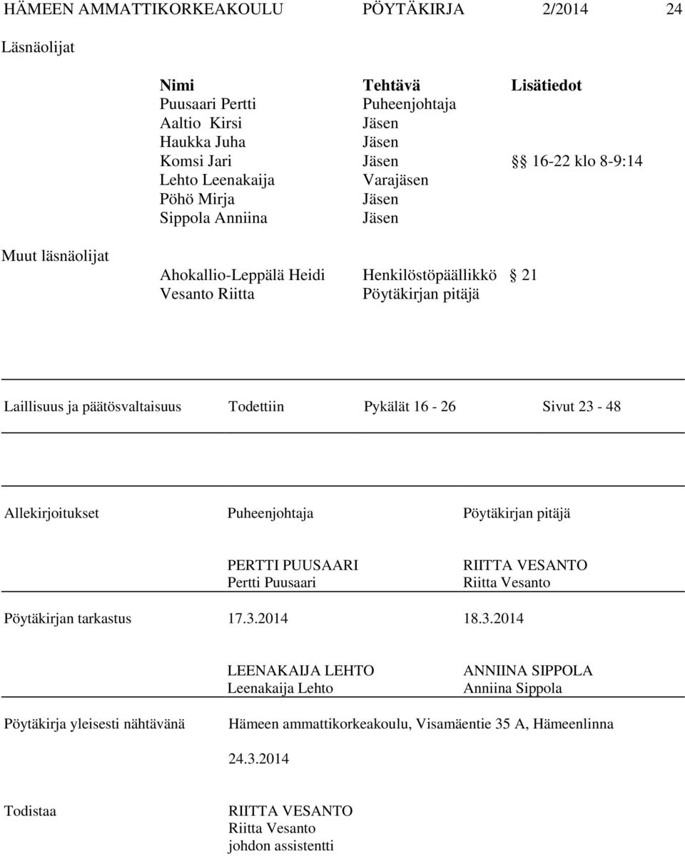 Todettiin Pykälät 16-26 Sivut 23-48 Allekirjoitukset Puheenjohtaja Pöytäkirjan pitäjä PERTTI PUUSAARI Pertti Puusaari RIITTA VESANTO Riitta Vesanto Pöytäkirjan tarkastus 17.3.2014 18.3.2014 LEENAKAIJA LEHTO Leenakaija Lehto ANNIINA SIPPOLA Anniina Sippola Pöytäkirja yleisesti nähtävänä Hämeen ammattikorkeakoulu, Visamäentie 35 A, Hämeenlinna 24.