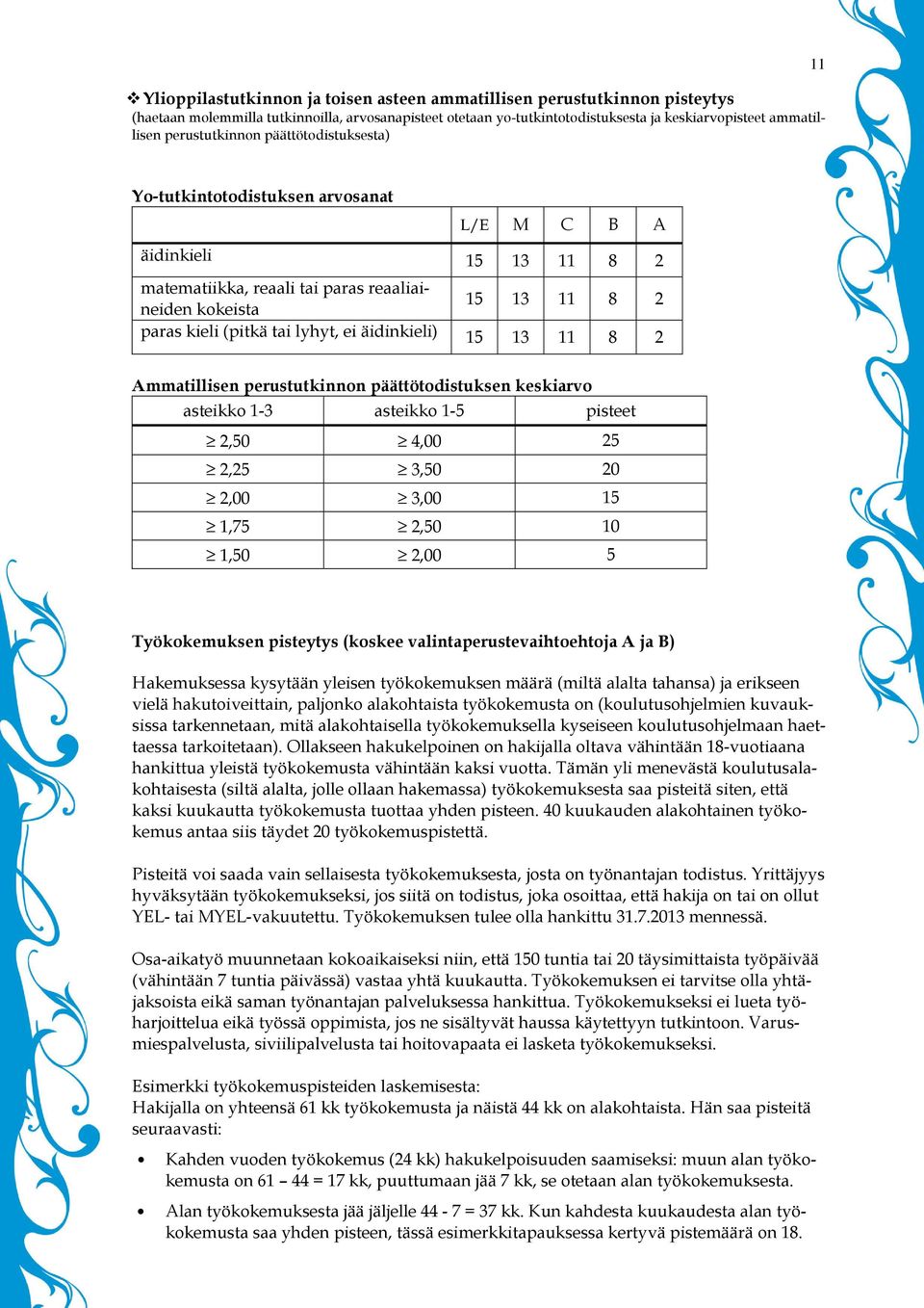 lyhyt, ei äidinkieli) 15 13 11 8 2 Ammatillisen perustutkinnon päättötodistuksen keskiarvo asteikko 1-3 asteikko 1-5 pisteet 2,50 4,00 25 2,25 3,50 20 2,00 3,00 15 1,75 2,50 10 1,50 2,00 5