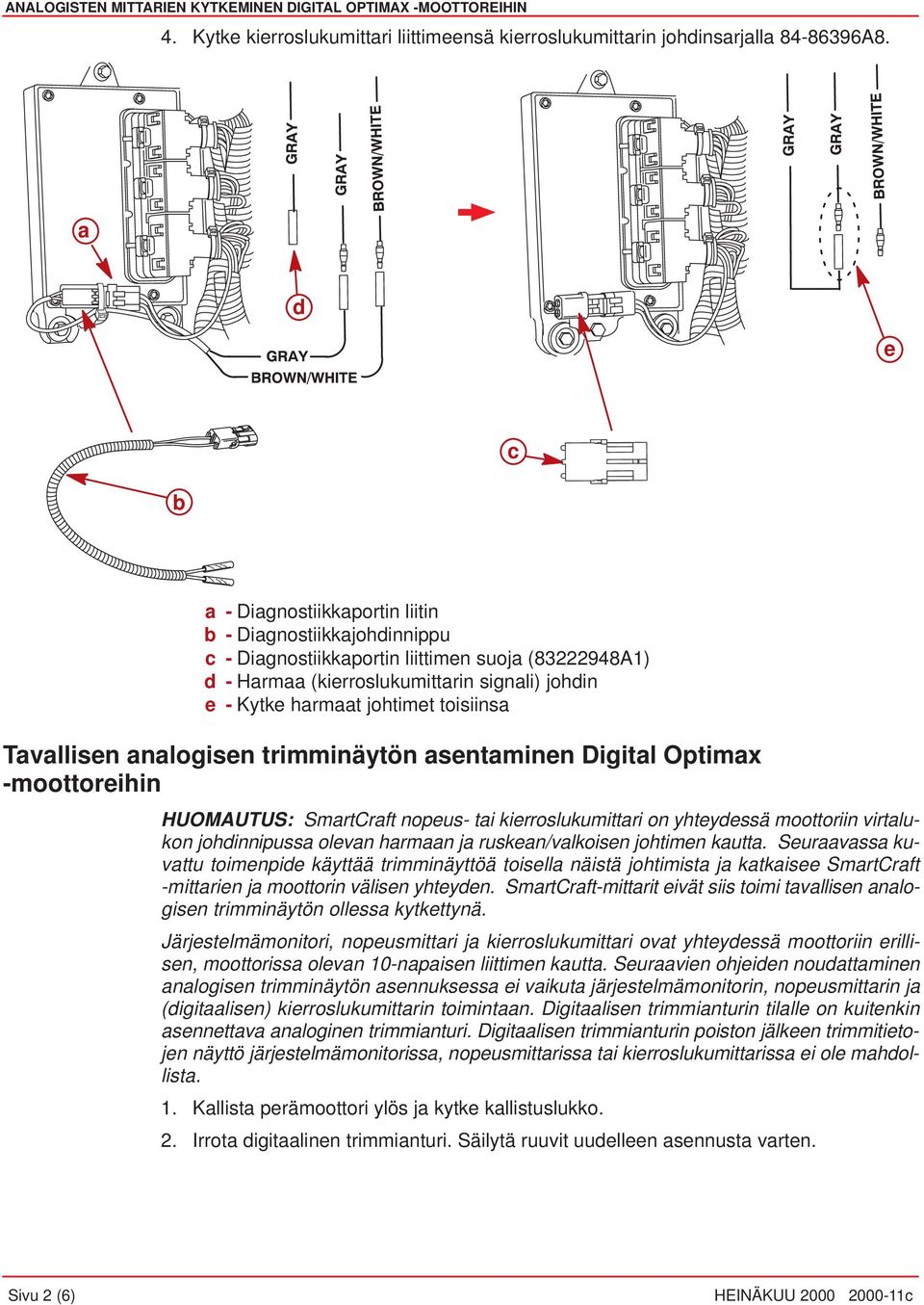 toisiinsa Tavallisen analogisen trimminäytön asentaminen Digital Optimax -moottoreihin HUOMAUTUS: SmartCraft nopeus- tai kierroslukumittari on yhteydessä moottoriin virtalukon johdinnipussa olevan