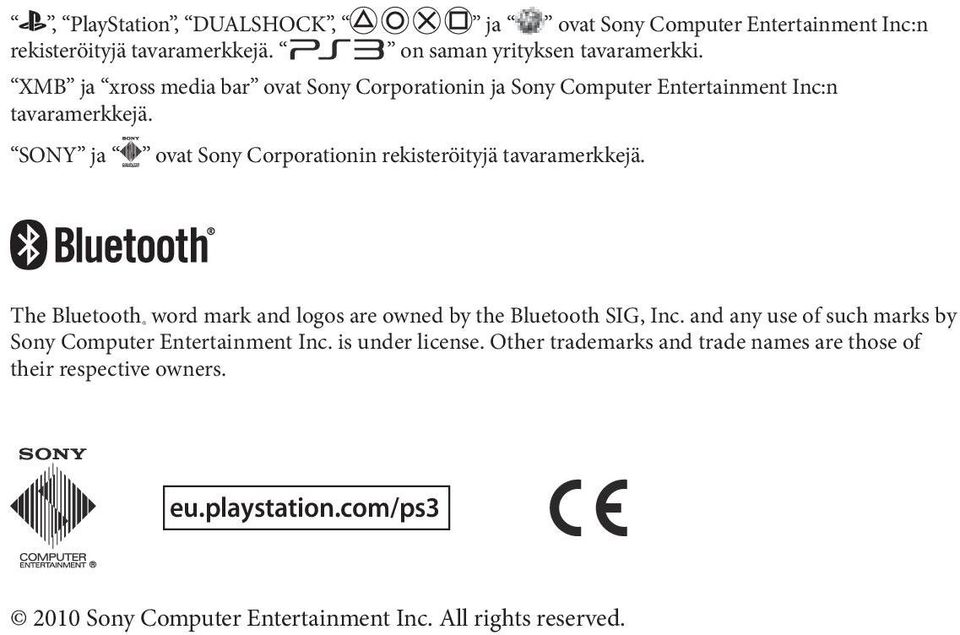 SONY ja ovat Sony Corporationin rekisteröityjä tavaramerkkejä. The Bluetooth word mark and logos are owned by the Bluetooth SIG, Inc.