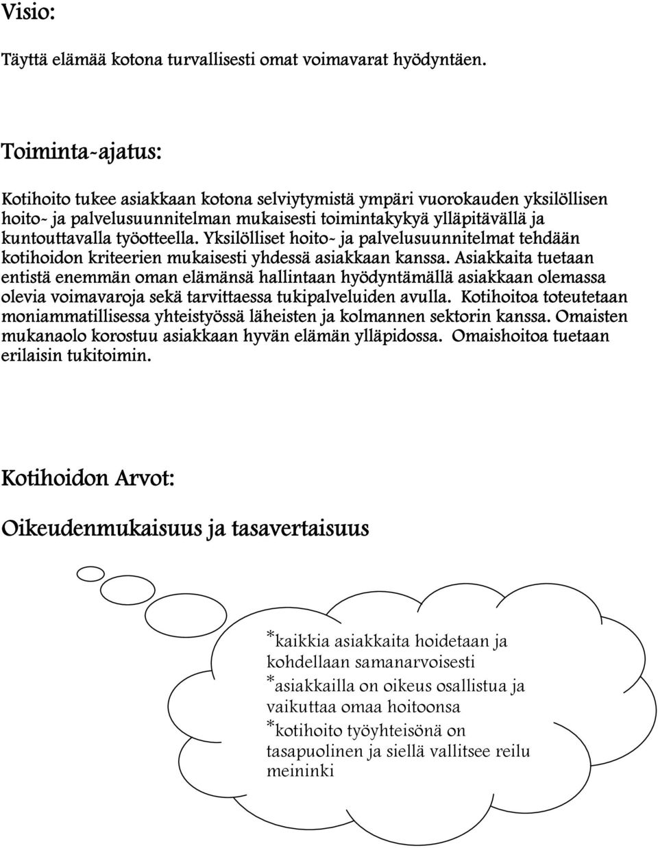 Yksilölliset hoito- ja palvelusuunnitelmat tehdään kotihoidon kriteerien mukaisesti yhdessä asiakkaan kanssa.