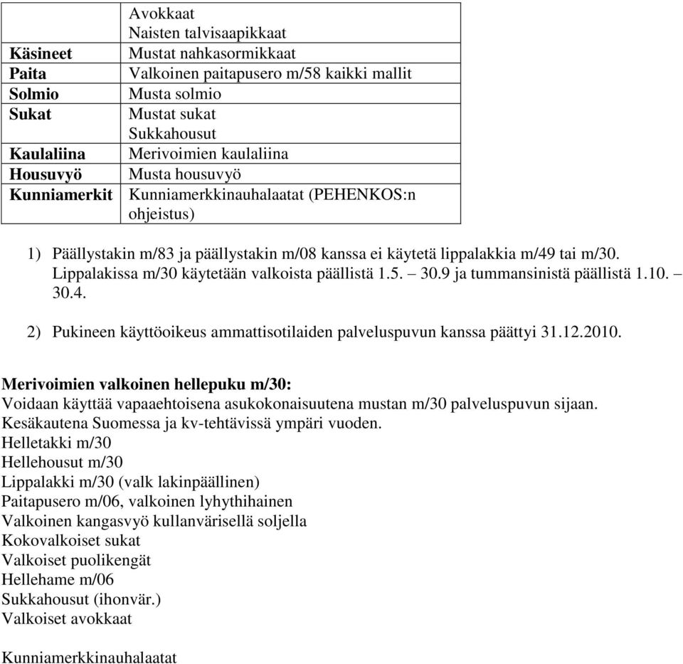 9 ja tummansinistä päällistä 1.10. 30.4. 2) Pukineen käyttöoikeus ammattisotilaiden palveluspuvun kanssa päättyi 31.12.2010.