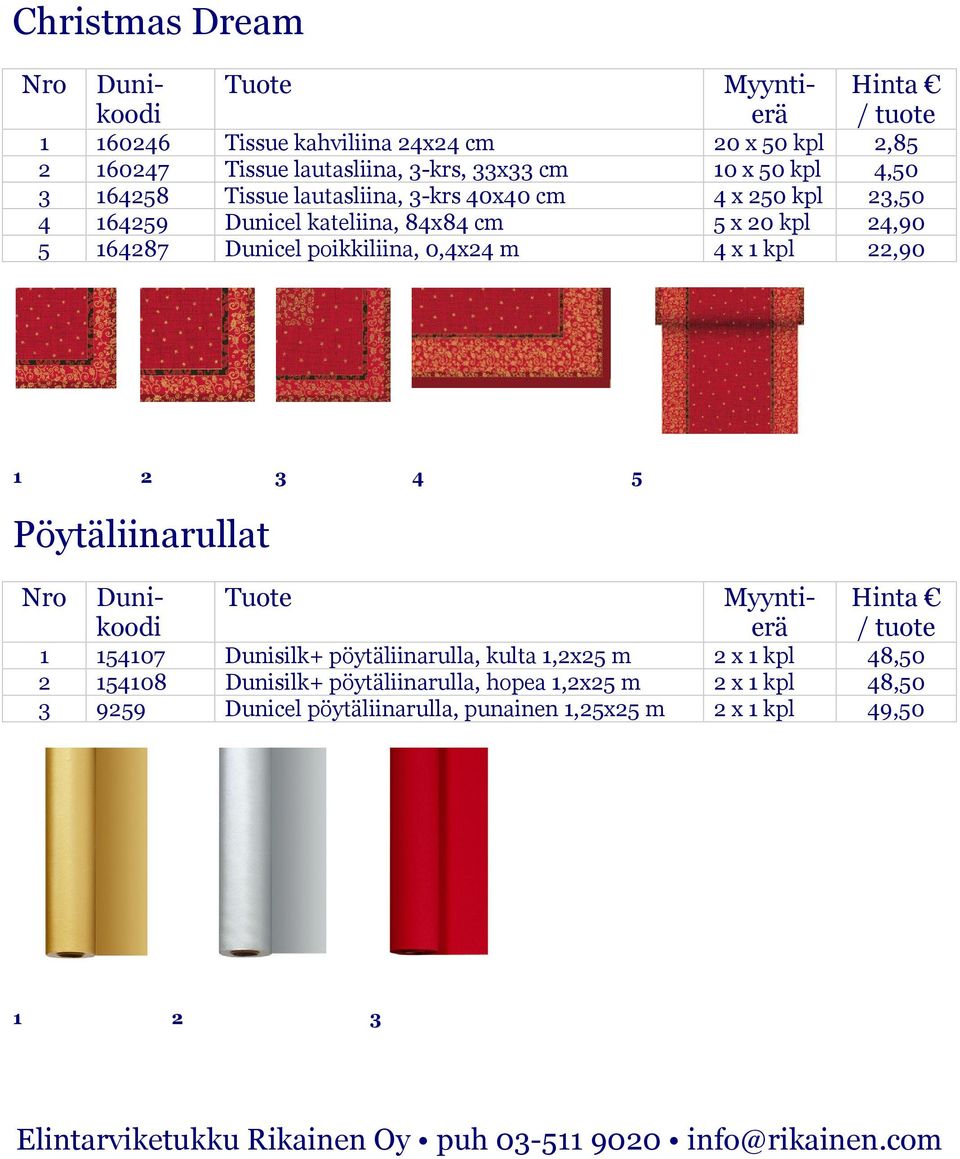 22,90 1 2 3 4 5 Pöytäliinarullat 1 154107 Dunisilk+ pöytäliinarulla, kulta 1,2x25 m 2 x 1 kpl 48,50 2 154108 Dunisilk+ pöytäliinarulla, hopea 1,2x25