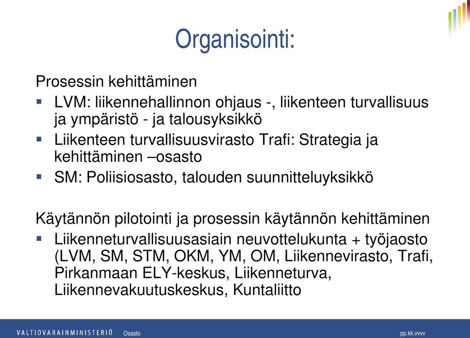 suunnitteluyksikkö Käytännön pilotointi ja prosessin käytännön kehittäminen Liikenneturvallisuusasiain neuvottelukunta +