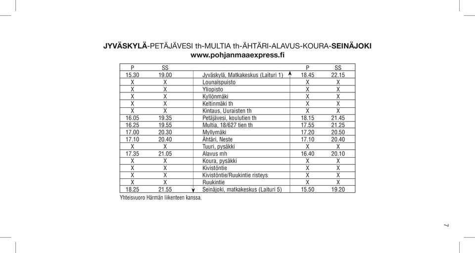 55 Multia, 18/627 tien th 17.55 21.25 17.00 20.30 Myllymäki 17.20 20.50 17.10 20.40 Ähtäri, Neste 17.10 20.40 X X Tuuri, pysäkki X X 17.35 21.05 Alavus mh 16.40 20.