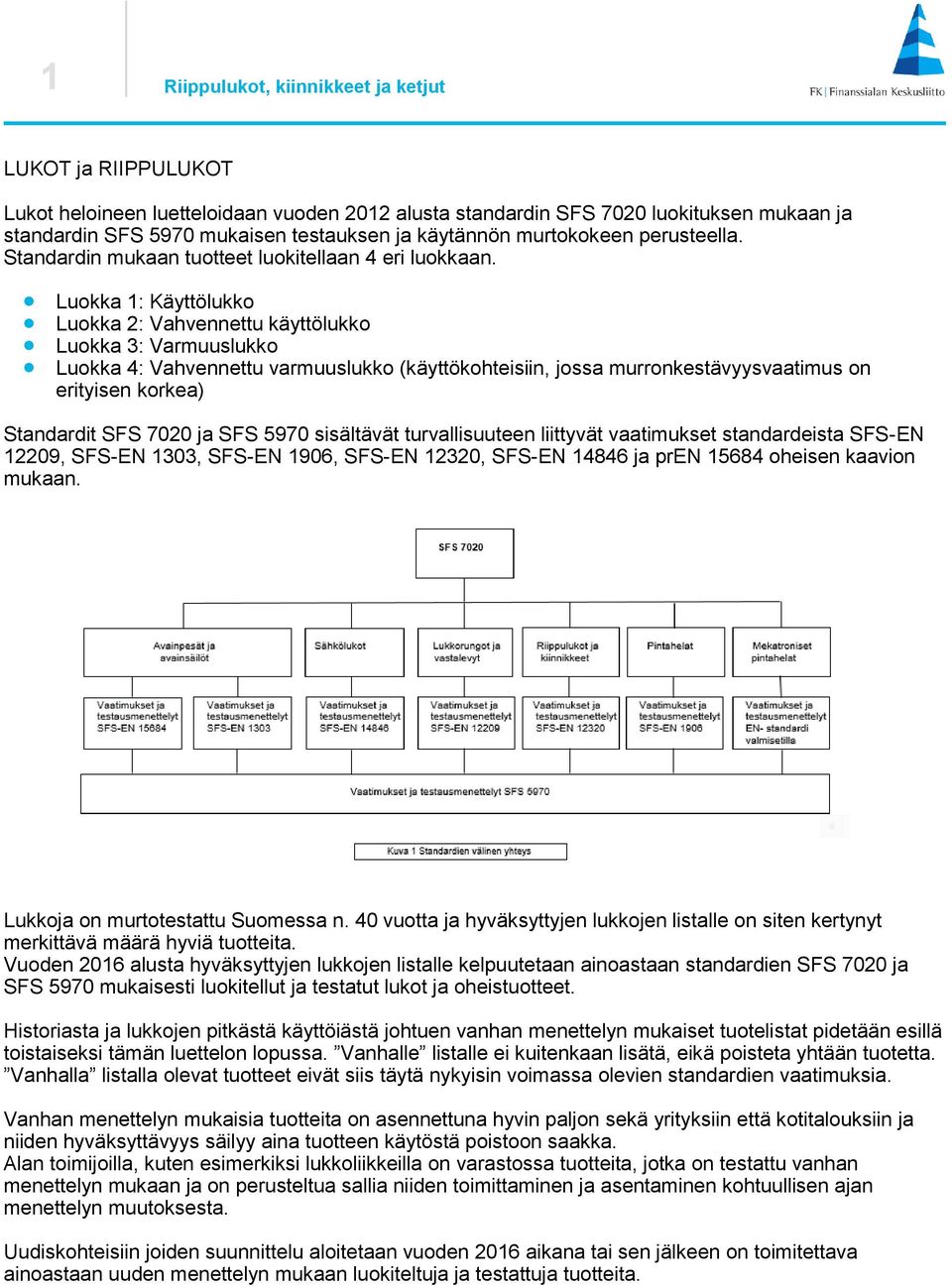 Luokka 1: Käyttölukko Luokka 2: Vahvennettu käyttölukko Luokka : Varmuuslukko Luokka 4: Vahvennettu varmuuslukko (käyttökohteisiin, jossa murronkestävyysvaatimus on erityisen korkea) Standardit SFS