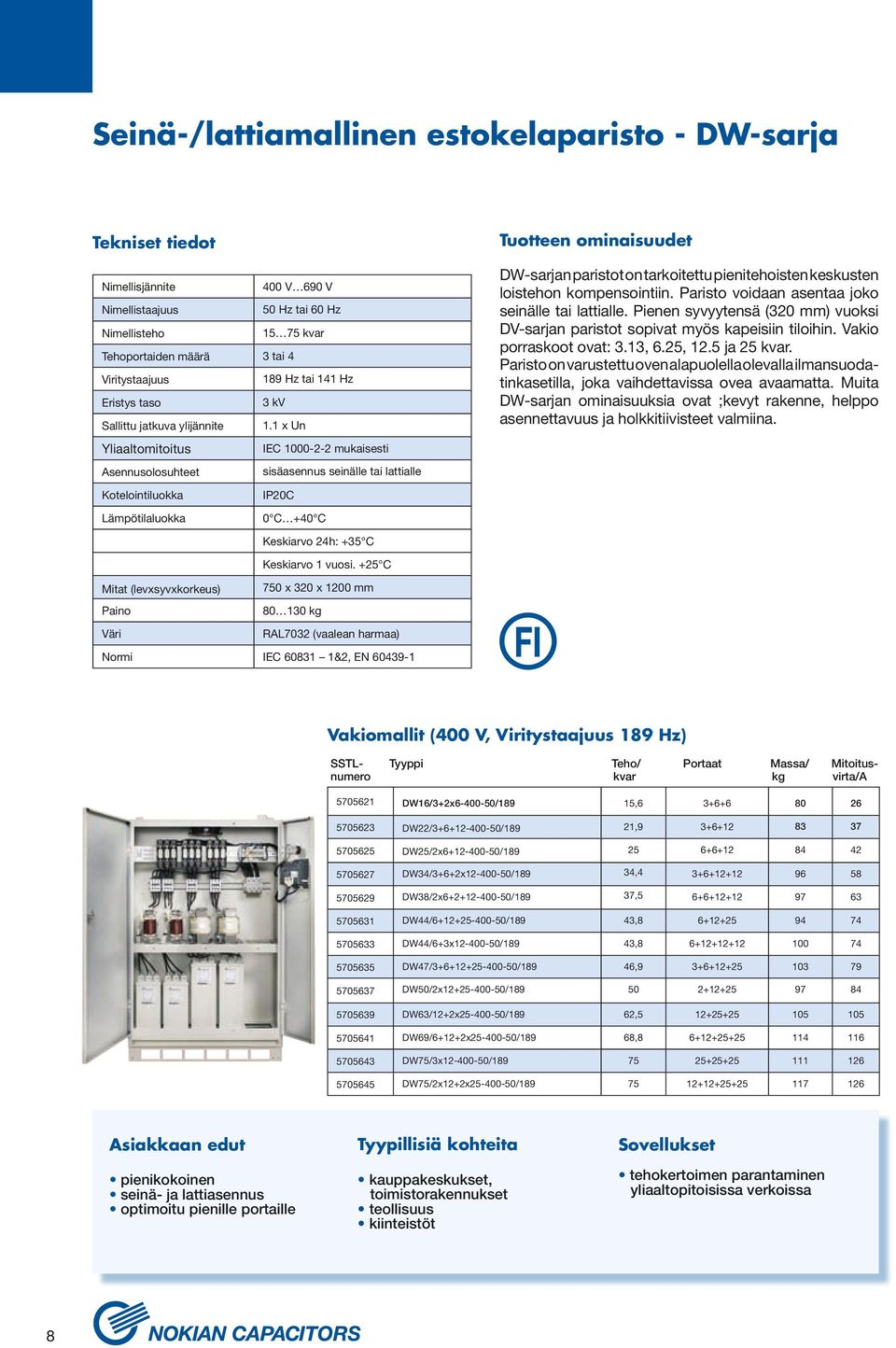 1 x Un Yliaaltomitoitus IEC 1000-2-2 mukaisesti Asennusolosuhteet sisäasennus seinälle tai lattialle Kotelointiluokka IP20C Lämpötilaluokka 0 C +40 C Keskiarvo 24h: +35 C Tuotteen ominaisuudet