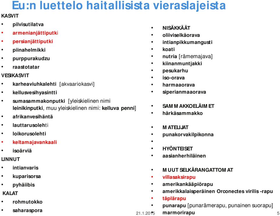 intianvaris kuparisorsa pyhäiibis KALAT rohmutokko saharaspora NISÄKKÄÄT oliiviselkäorava intianpikkumangusti koati nutria [rämemajava] kiinanmuntjakki pesukarhu iso-orava harmaaorava