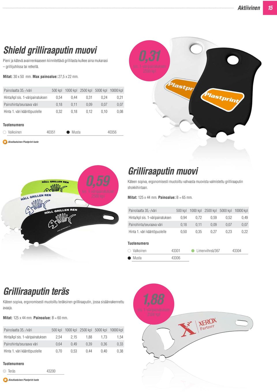 väri kääntöpuolelle 0,32 0,18 0,12 0,10 0,08 Valkoinen 40351 Musta 40356 Ainutlaatuinen Plastprint-tuote 0,59 2500 kpl Grilliraaputin muovi Käteen sopiva, ergonomisesti muotoiltu vahvasta muovista