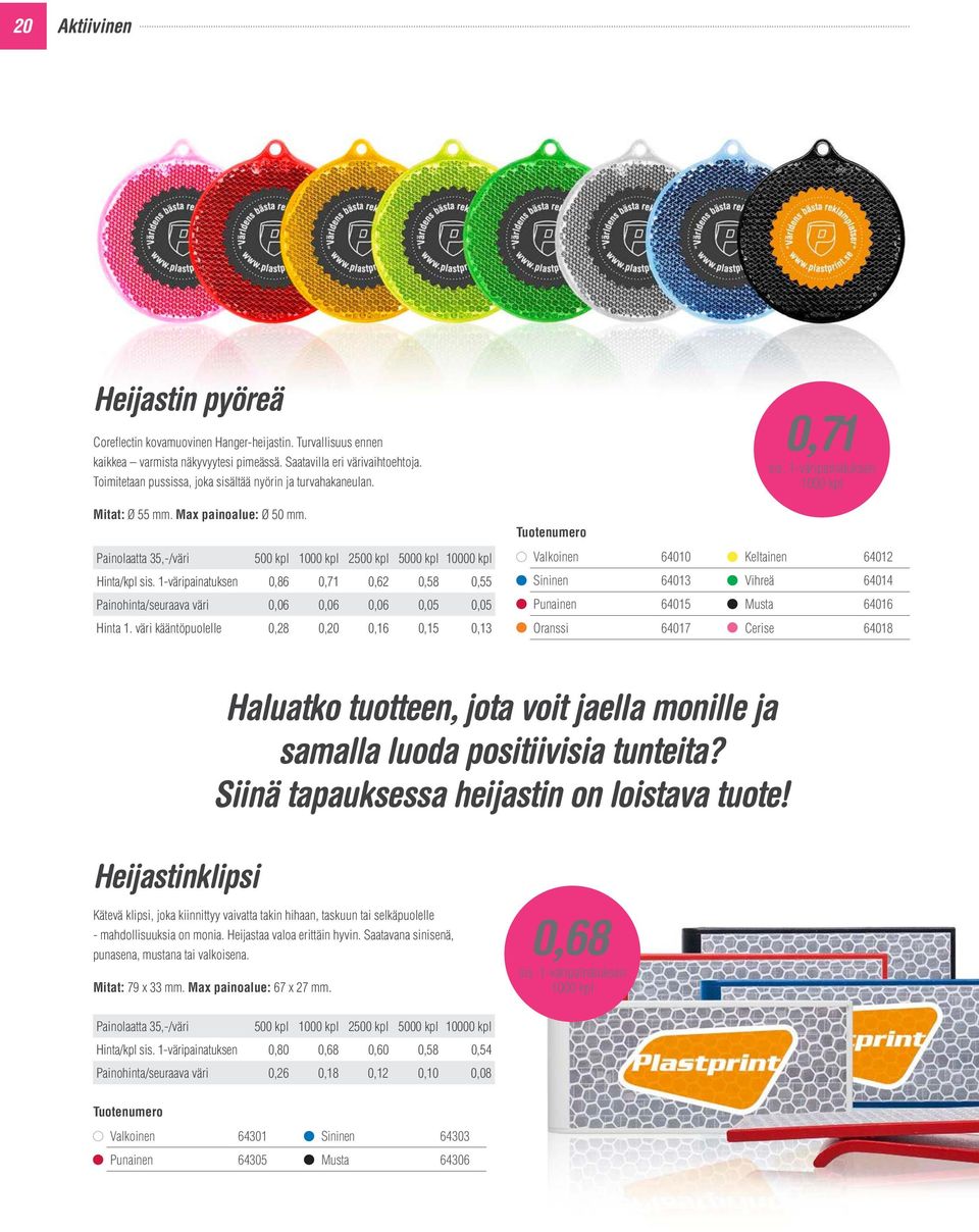 Painolaatta 35,-/väri 500 kpl 2500 kpl 5000 kpl 10000 kpl Hinta/kpl 0,86 0,71 0,62 0,58 0,55 Painohinta/seuraava väri 0,06 0,06 0,06 0,05 0,05 Hinta 1.