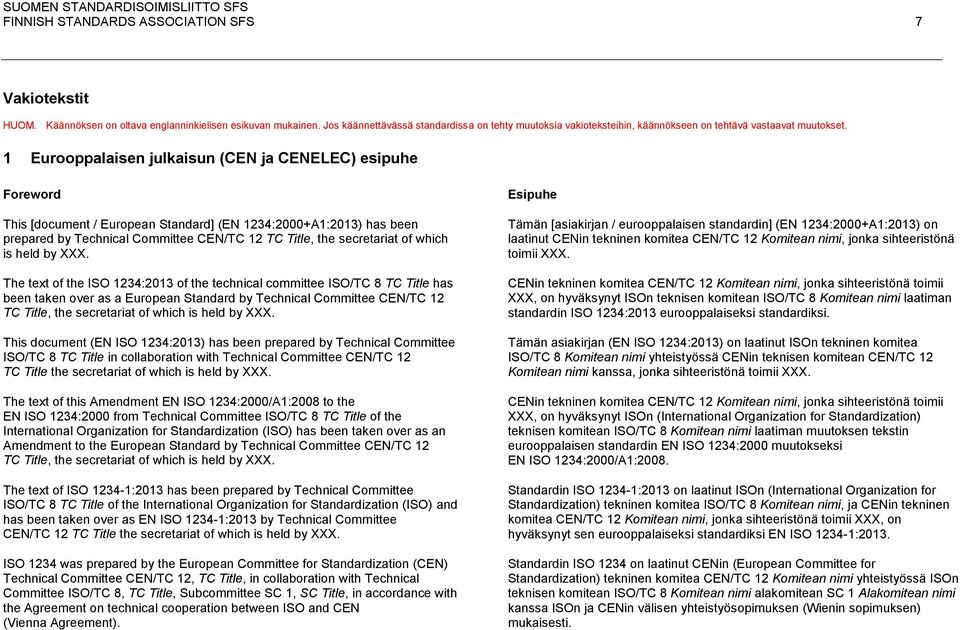 1 Eurooppalaisen julkaisun (CEN ja CENELEC) esipuhe Foreword This [document / European Standard] (EN 1234:2000+A1:2013) has been prepared by Technical Committee CEN/TC 12 TC Title, the secretariat of