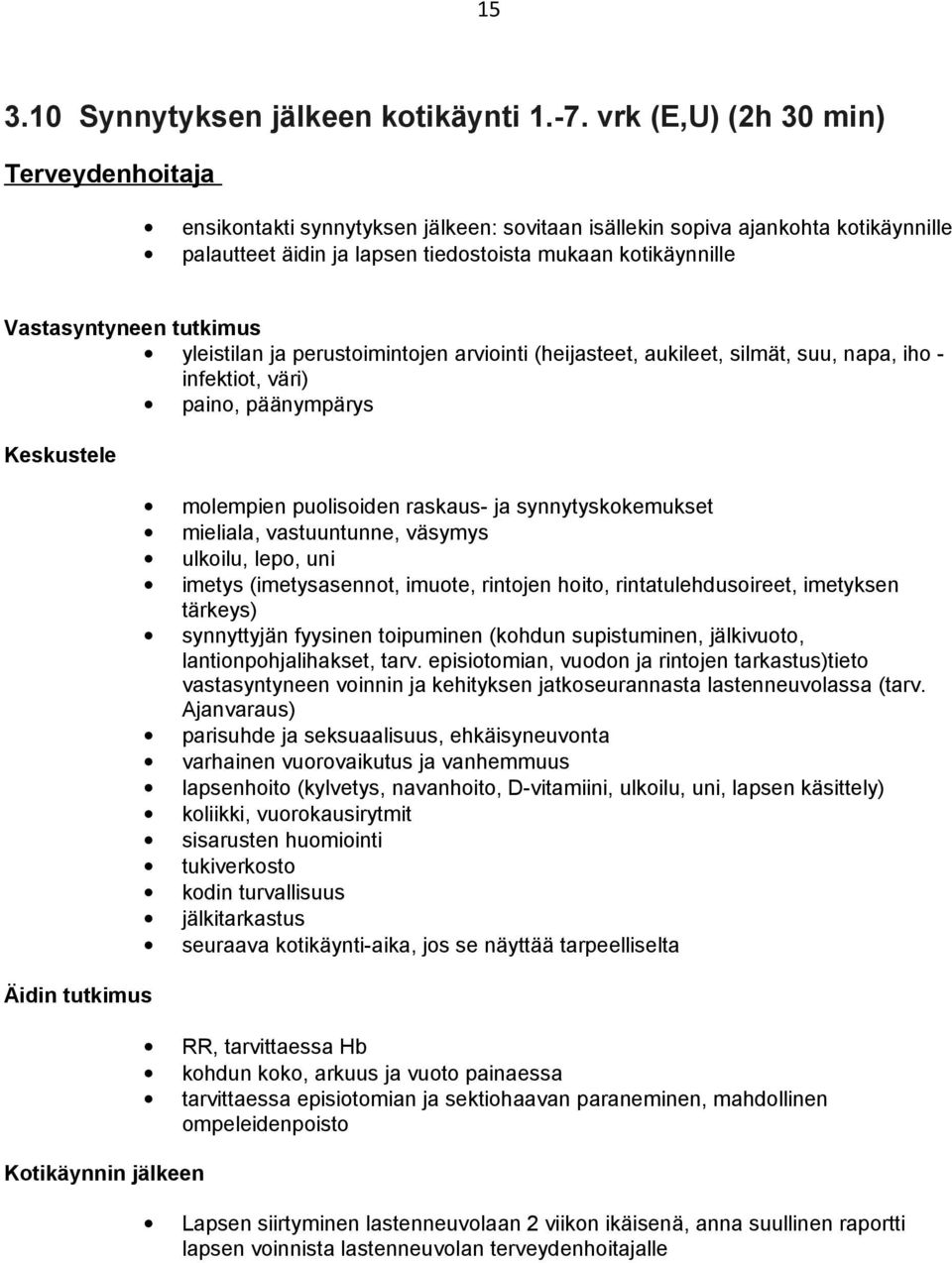 tutkimus yleistilan ja perustoimintojen arviointi (heijasteet, aukileet, silmät, suu, napa, iho - infektiot, väri) paino, päänympärys Keskustele Äidin tutkimus Kotikäynnin jälkeen molempien