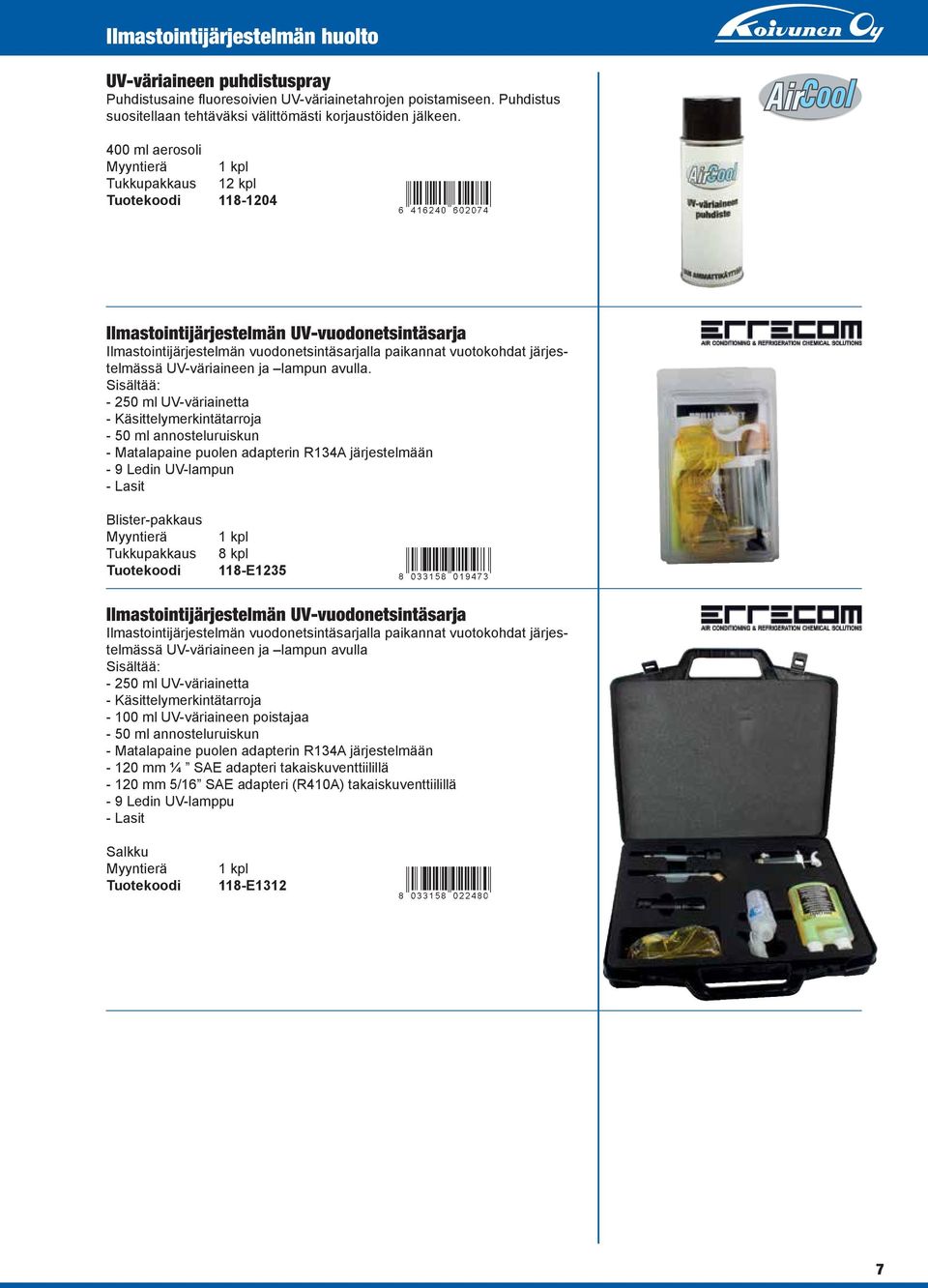 Sisältää: - 250 ml UV-väriainetta - Käsittelymerkintätarroja - 50 ml annosteluruiskun - Matalapaine puolen adapterin R134A järjestelmään - 9 Ledin UV-lampun - Lasit Blister-pakkaus Tukkupakkaus 8 kpl