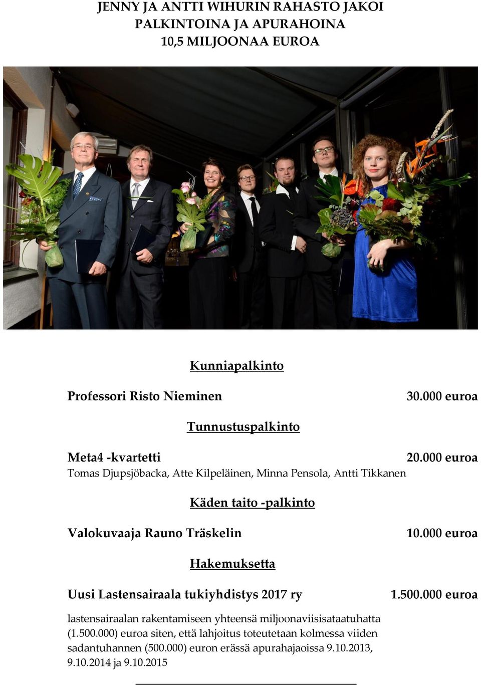 000 euroa Tomas Djupsjöbacka, Atte Kilpeläinen, Minna Pensola, Antti Tikkanen Käden taito -palkinto Valokuvaaja Rauno Träskelin 10.