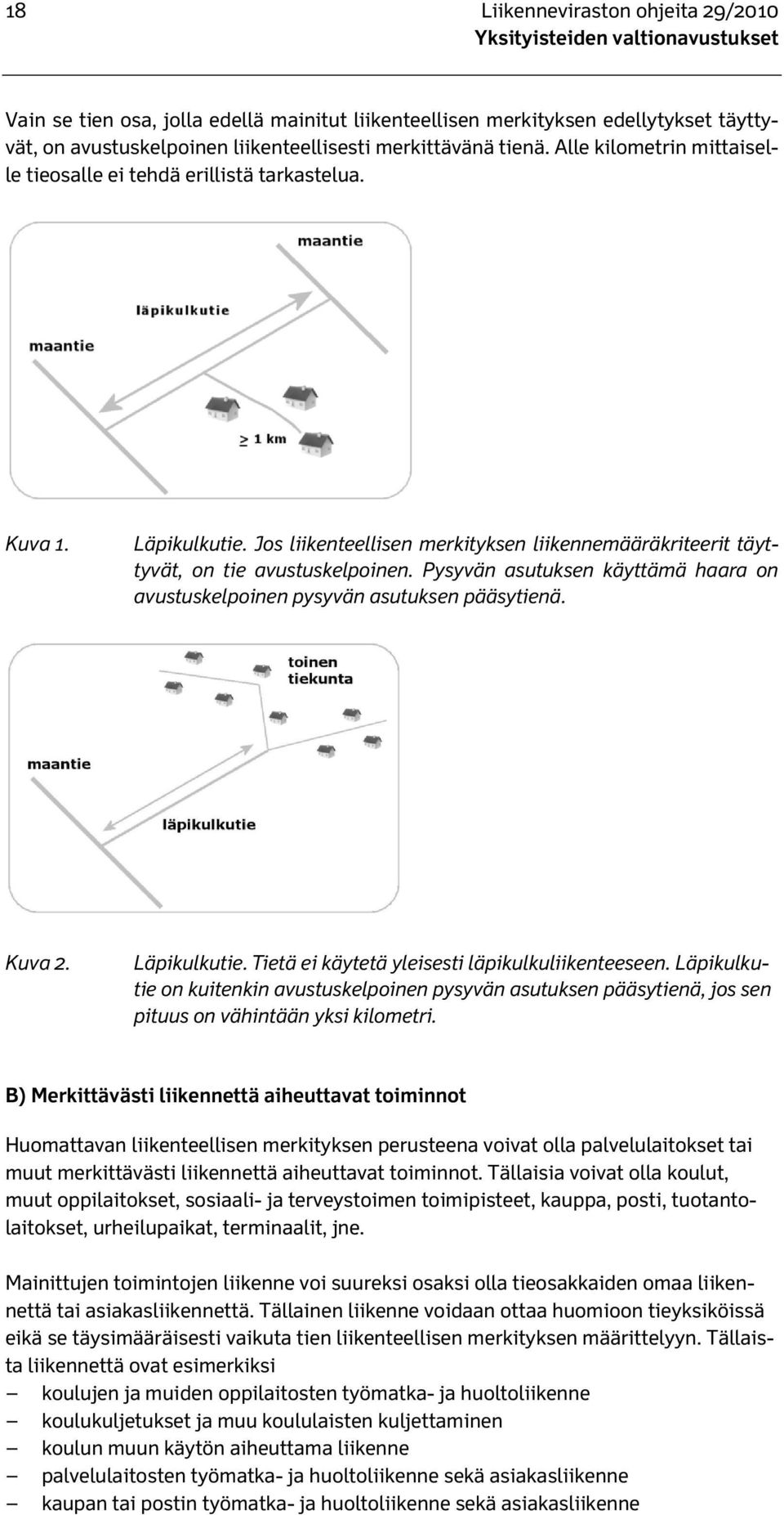 Pysyvän asutuksen käyttämä haara on avustuskelpoinen pysyvän asutuksen pääsytienä. Kuva 2. Läpikulkutie. Tietä ei käytetä yleisesti läpikulkuliikenteeseen.