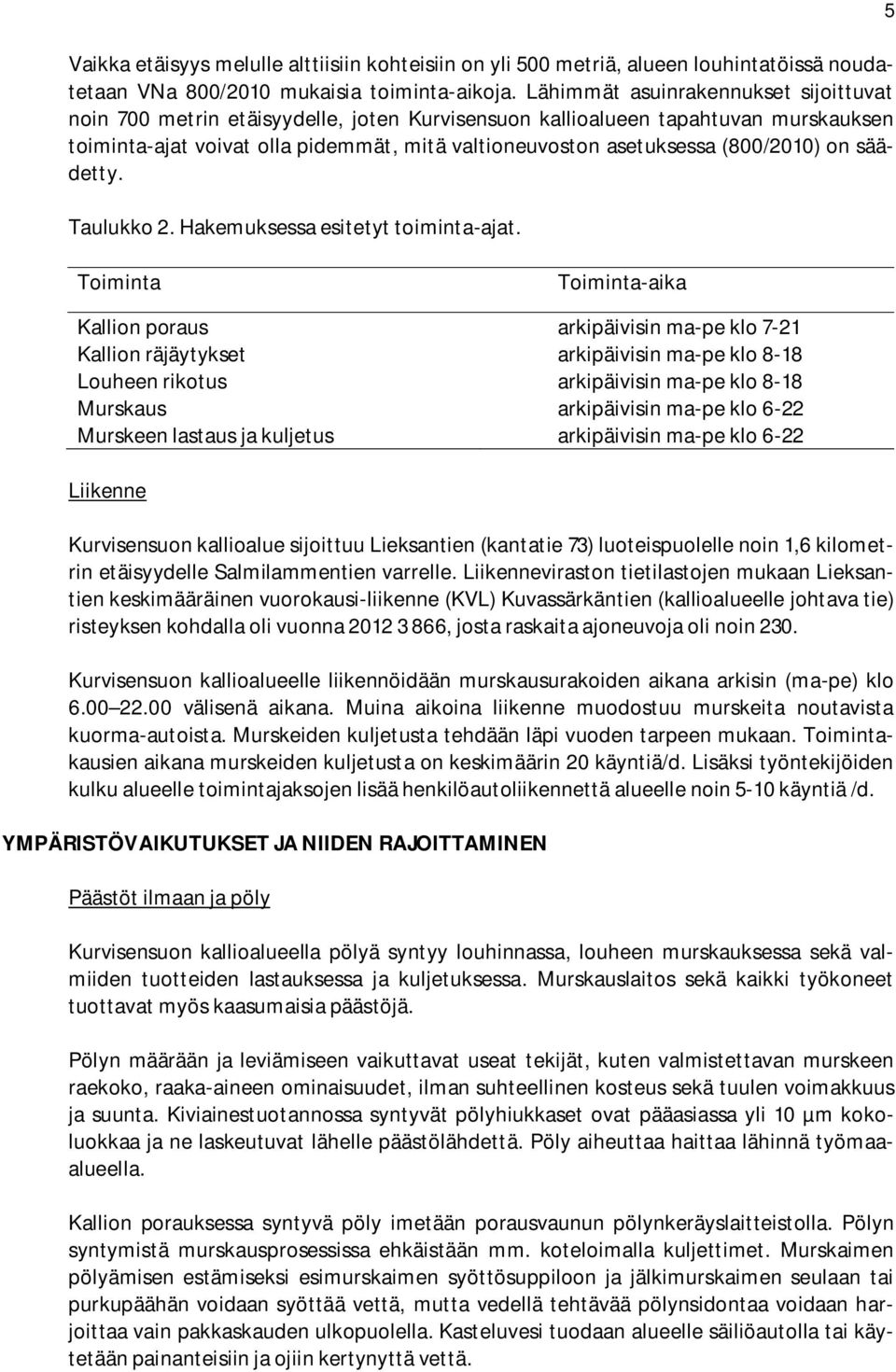 (800/2010) on säädetty. Taulukko 2. Hakemuksessa esitetyt toiminta-ajat.