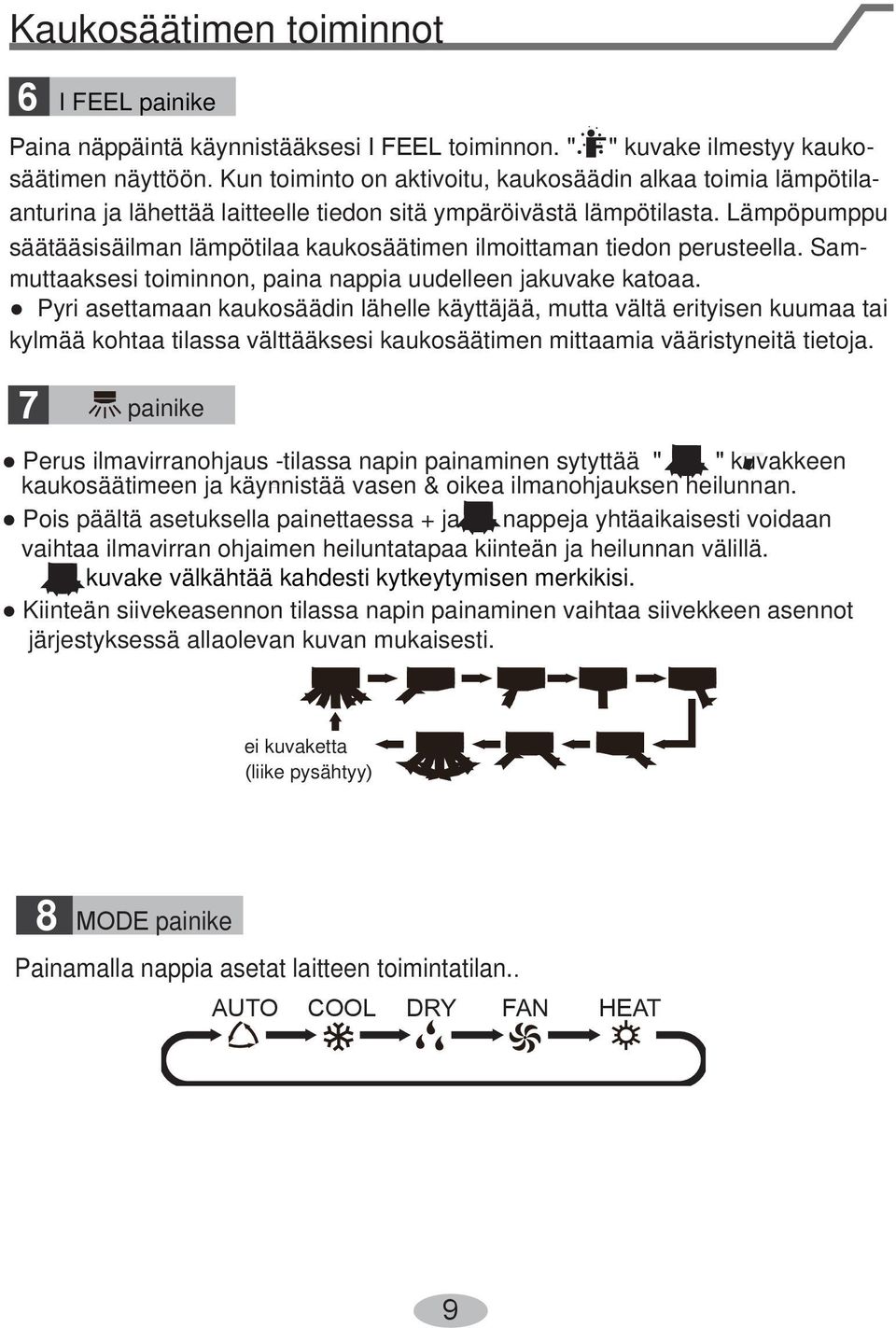 Lämpöpumppu säätää sisäilman lämpötilaa kaukosäätimen ilmoittaman tiedon perusteella. Sammuttaaksesi toiminnon, paina nappia uudelleen jakuvake katoaa.