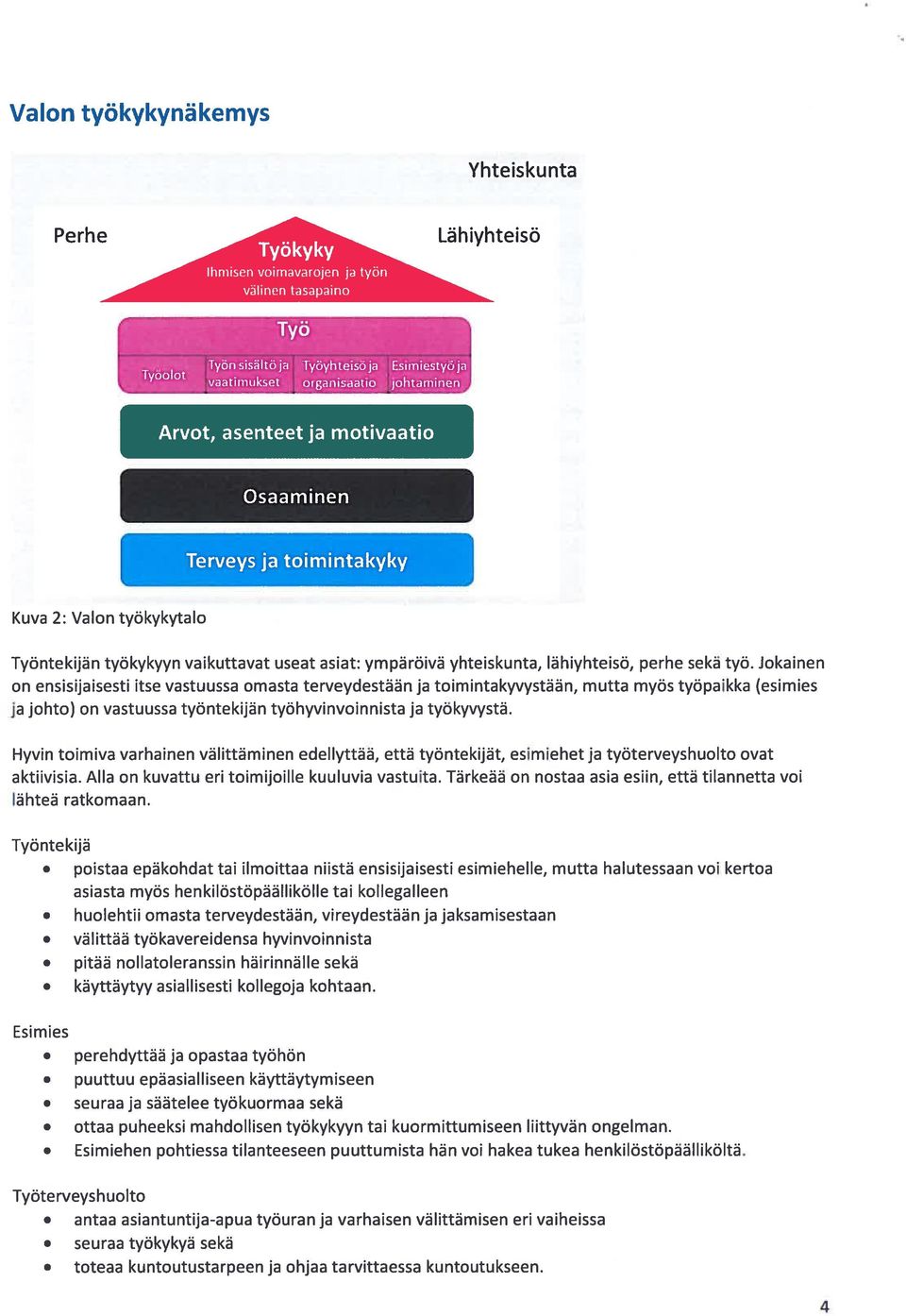 Jokainen on ensisijaisesti itse vastuussa omasta terveydestään ja toimintakyvystään, mutta myös työpaikka (esimies ja johto) on vastuussa työntekijän työhyvinvoinnista ja työkyvystä.