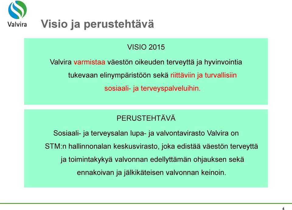 PERUSTEHTÄVÄ Sosiaali- ja terveysalan lupa- ja valvontavirasto Valvira on STM:n hallinnonalan