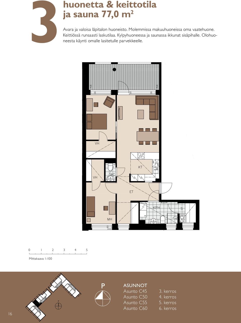 Olohuo- 3huonetta & keittotila ja sauna 77,0 m 2 neesta käynti omalle lasitetulle parvekkeelle.