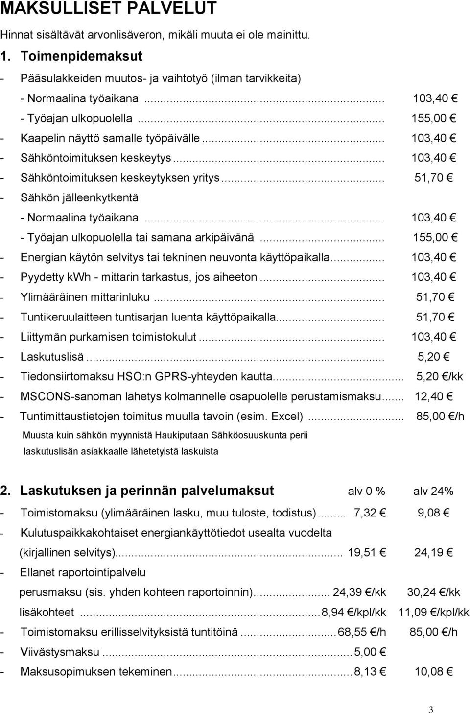 .. 51,70 - Sähkön jälleenkytkentä - Normaalina työaikana... 103,40 - Työajan ulkopuolella tai samana arkipäivänä... 155,00 - Energian käytön selvitys tai tekninen neuvonta käyttöpaikalla.