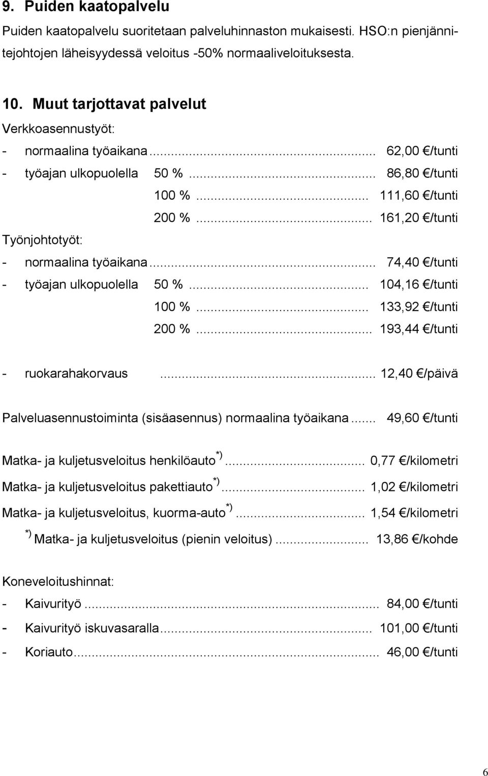 .. 161,20 /tunti Työnjohtotyöt: - normaalina työaikana... 74,40 /tunti - työajan ulkopuolella 50 %... 104,16 /tunti 100 %... 133,92 /tunti 200 %... 193,44 /tunti - ruokarahakorvaus.