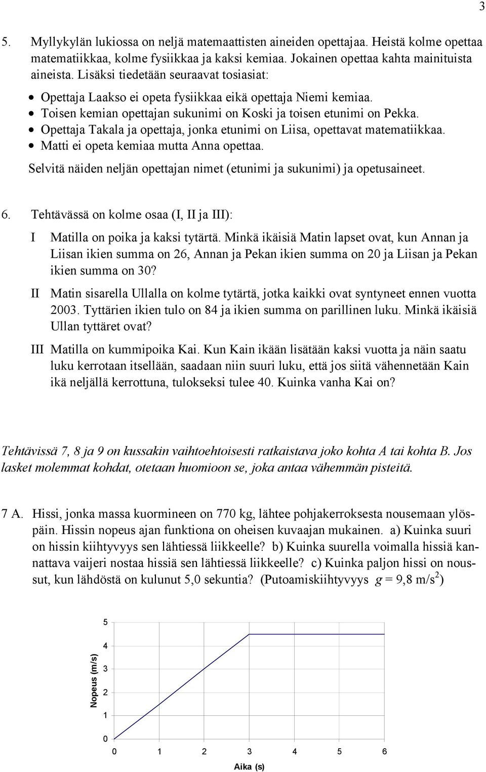 Opettaja Takala ja opettaja, jonka etunimi on Liisa, opettavat matematiikkaa. Matti ei opeta kemiaa mutta Anna opettaa. Selvitä näiden neljän opettajan nimet (etunimi ja sukunimi) ja opetusaineet.