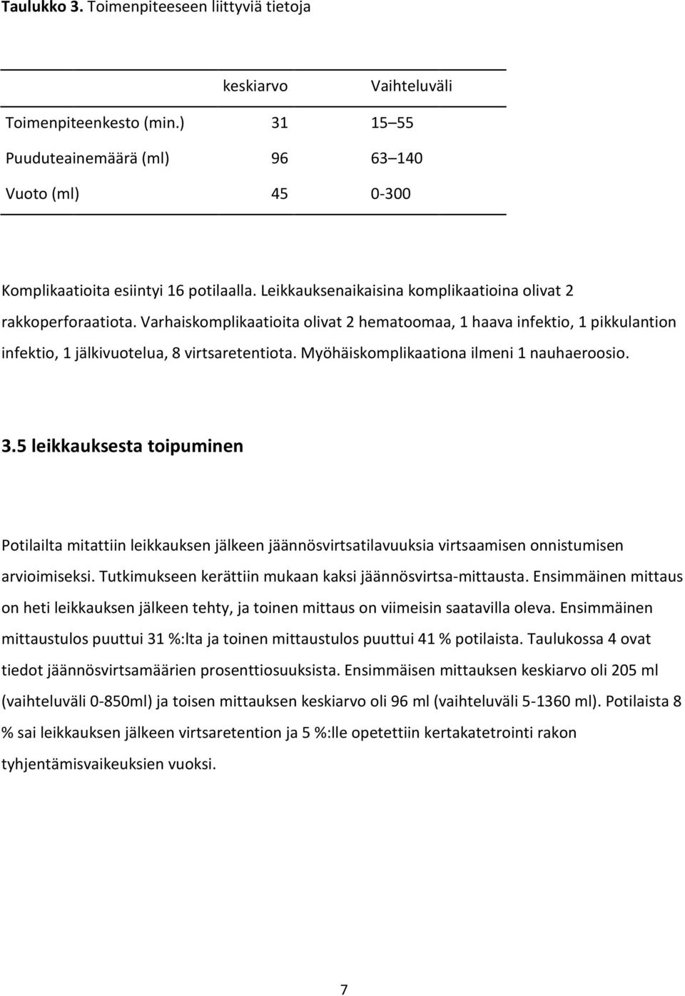 Myöhäiskomplikaationa ilmeni 1 nauhaeroosio. 3.5 leikkauksesta toipuminen Potilailta mitattiin leikkauksen jälkeen jäännösvirtsatilavuuksia virtsaamisen onnistumisen arvioimiseksi.