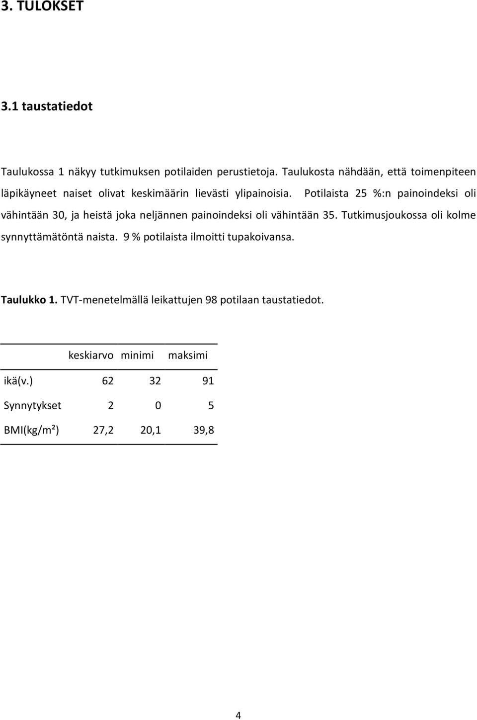 Potilaista 25 %:n painoindeksi oli vähintään 30, ja heistä joka neljännen painoindeksi oli vähintään 35.